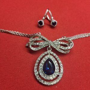 Silver Tone Bow Rhinestone Triple Chain Necklace Royal Blue Drop & Matching Earr